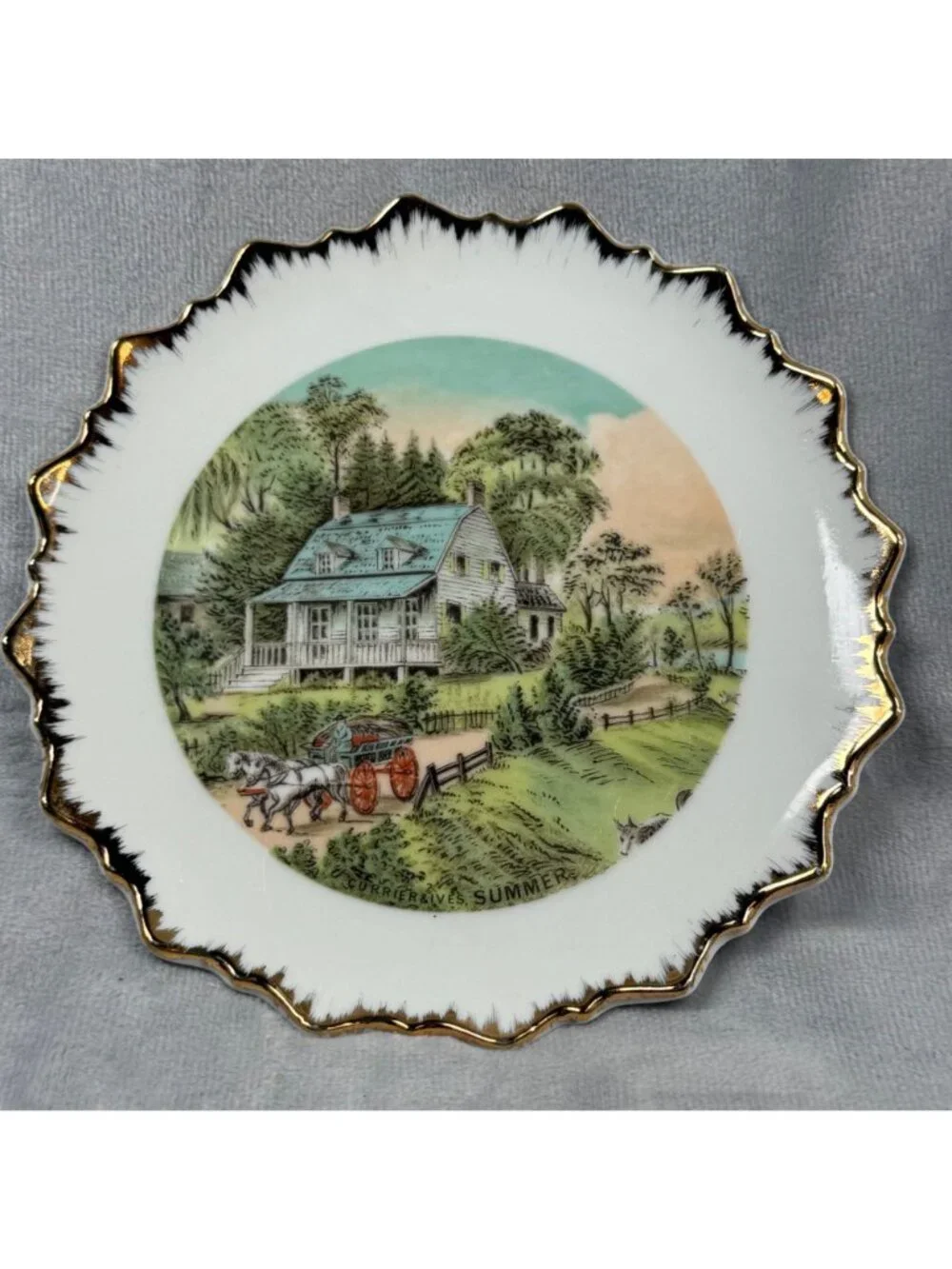 Currier & Ives Decorative Plate With Gold Trim - Summer Scene - Japan